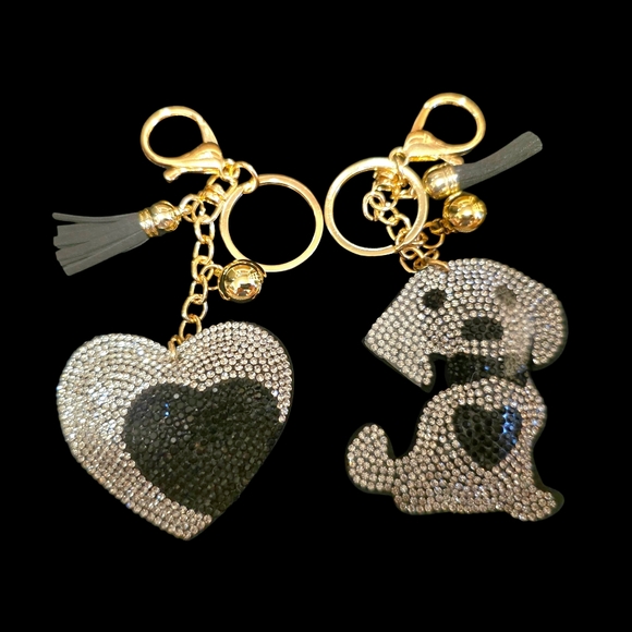 Rhinestone Heart & Puppy Bag Charms – Sparkly Keychain Set - Picture 1 of 3